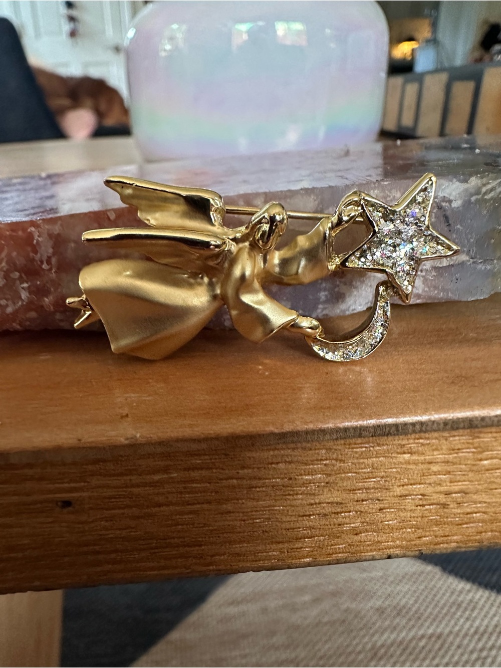 Vintage gold tone Angel Brooch with Crystal Star and Crescent moon 1”